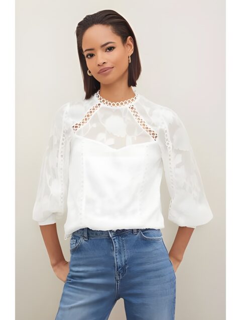 Trim Long Sleeve White Blouse