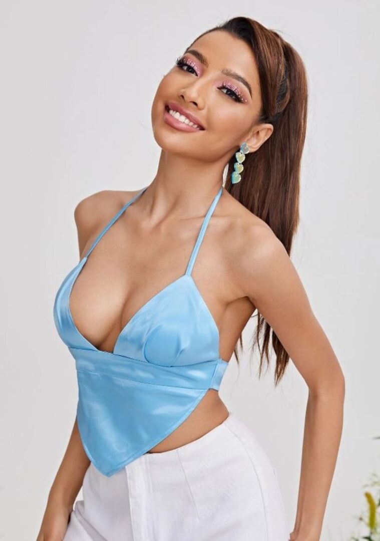 Halter satin crop top-front Halter satin crop top-front