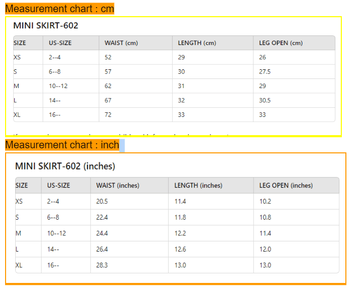 size chart 14 mini skirt