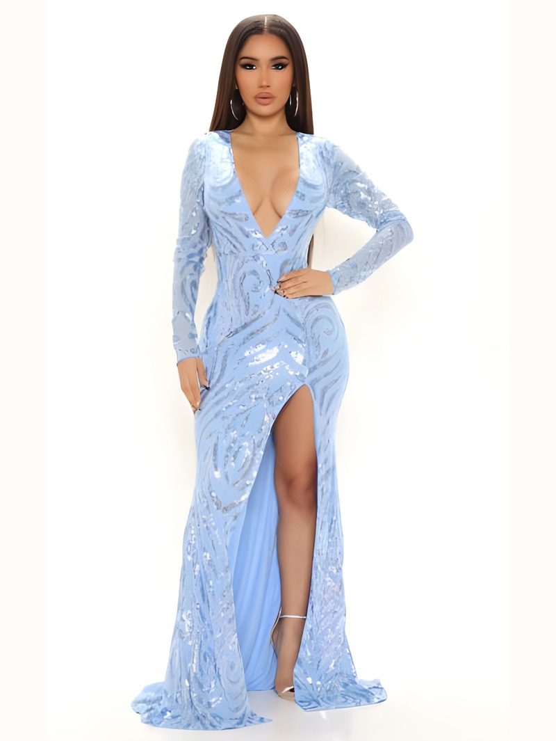 SEQUINS MAXI FRONT SLIT DRESS SEQUINS MAXI FRONT SLIT DRESS