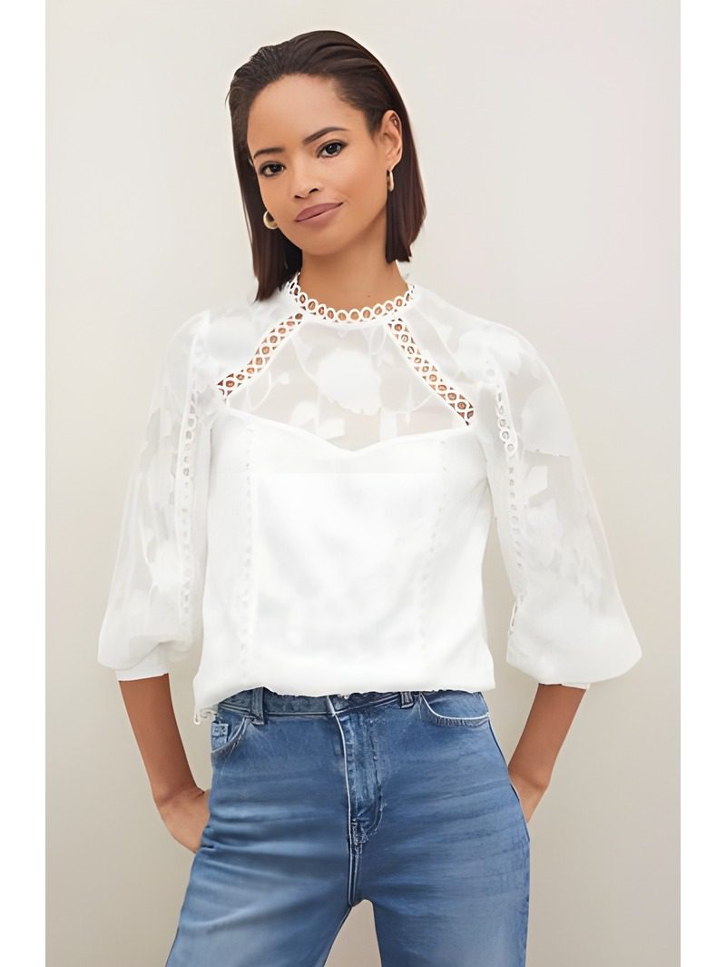 Trim Long Sleeve White Blouse Trim Long Sleeve White Blouse