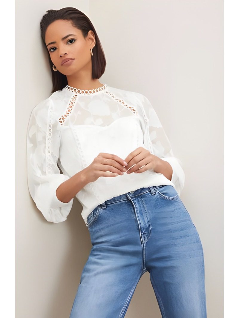 Trim Long Sleeve White Blouse Trim Long Sleeve White Blouse