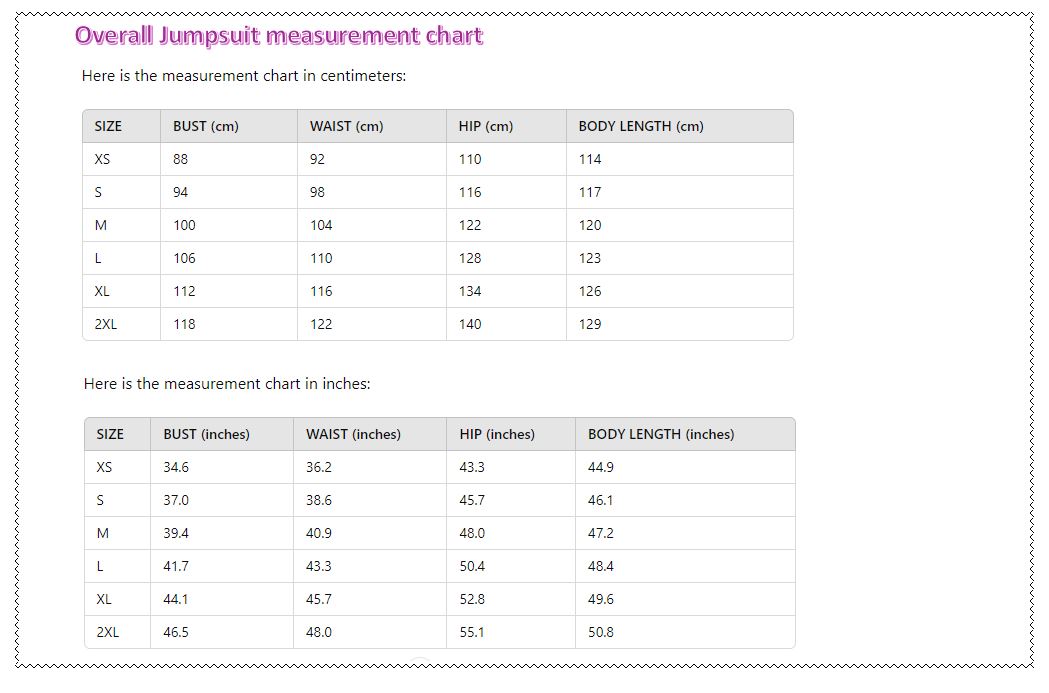 size chart Overall jumpsuit