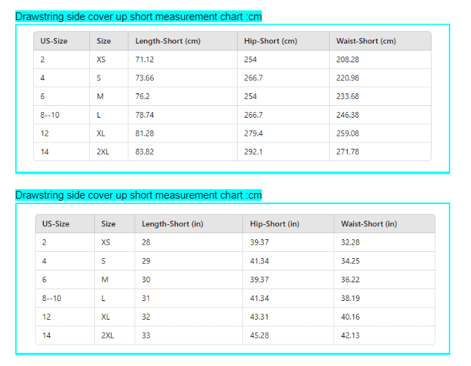 size chart Drawstring Side Shorts Cover-Up