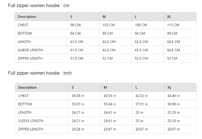 size chart Full Zipper Women Hoodie