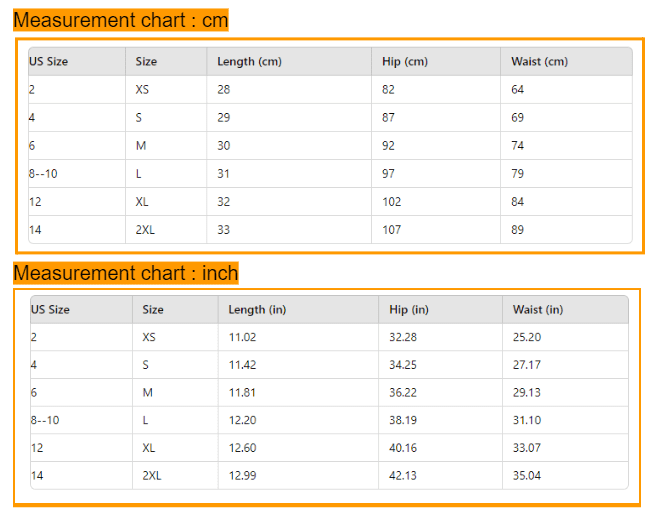 size chart Ruffle Hem Bikini Bottom