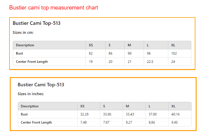 size chart-new cami top