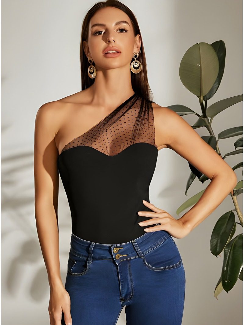 one shoulder mesh yoke top (1) One Shoulder Mesh Top