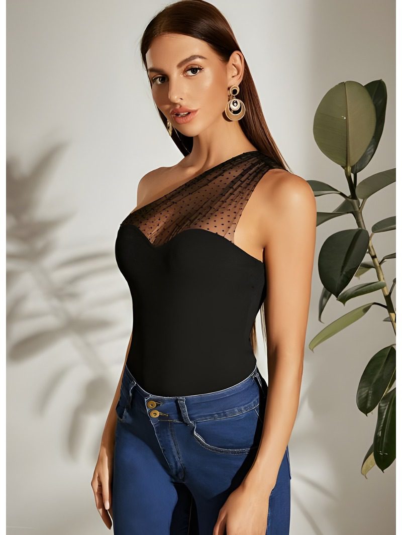 one shoulder mesh yoke top (3) One Shoulder Mesh Top