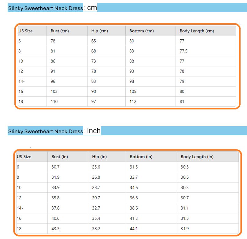size chart-107 Slinky Sweetheart Dress