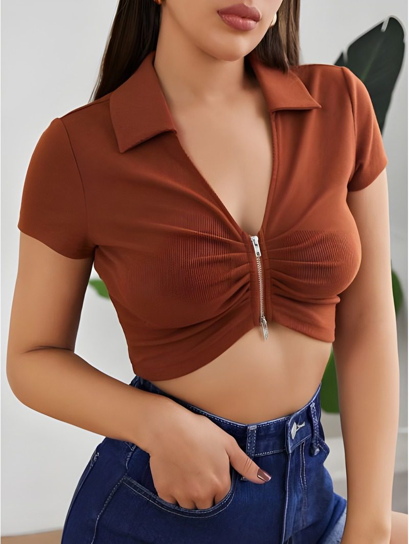 Ruched Zip Crop Top Pattern Ruched Zip Crop Top Pattern