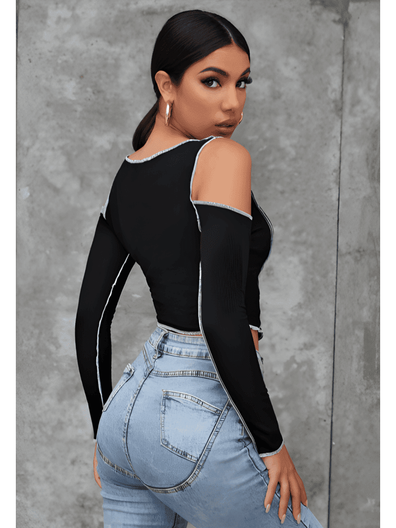 Cold Shoulder Asymmetrical Crop Top Cold Shoulder Asymmetrical Crop Top-BLACK