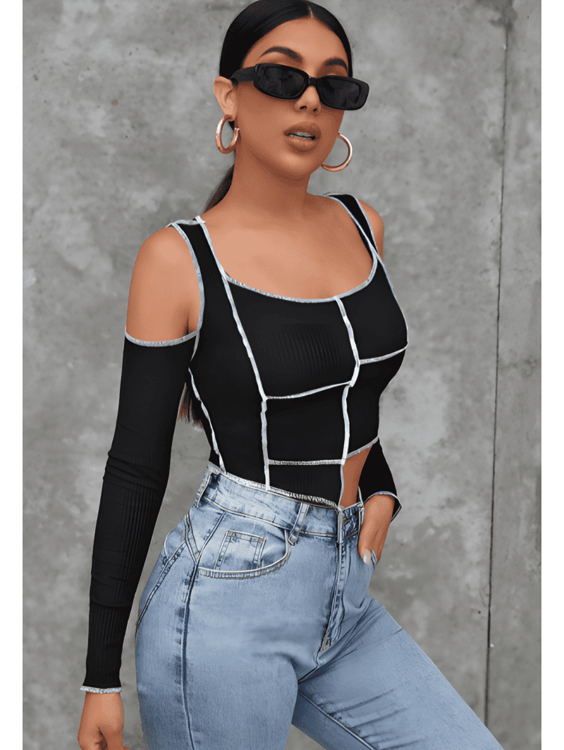 Cold Shoulder Asymmetrical Crop Top (2) Cold Shoulder Asymmetrical Crop Top-BLACK