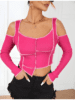 Cold Shoulder Asymmetrical Crop Top-PINK