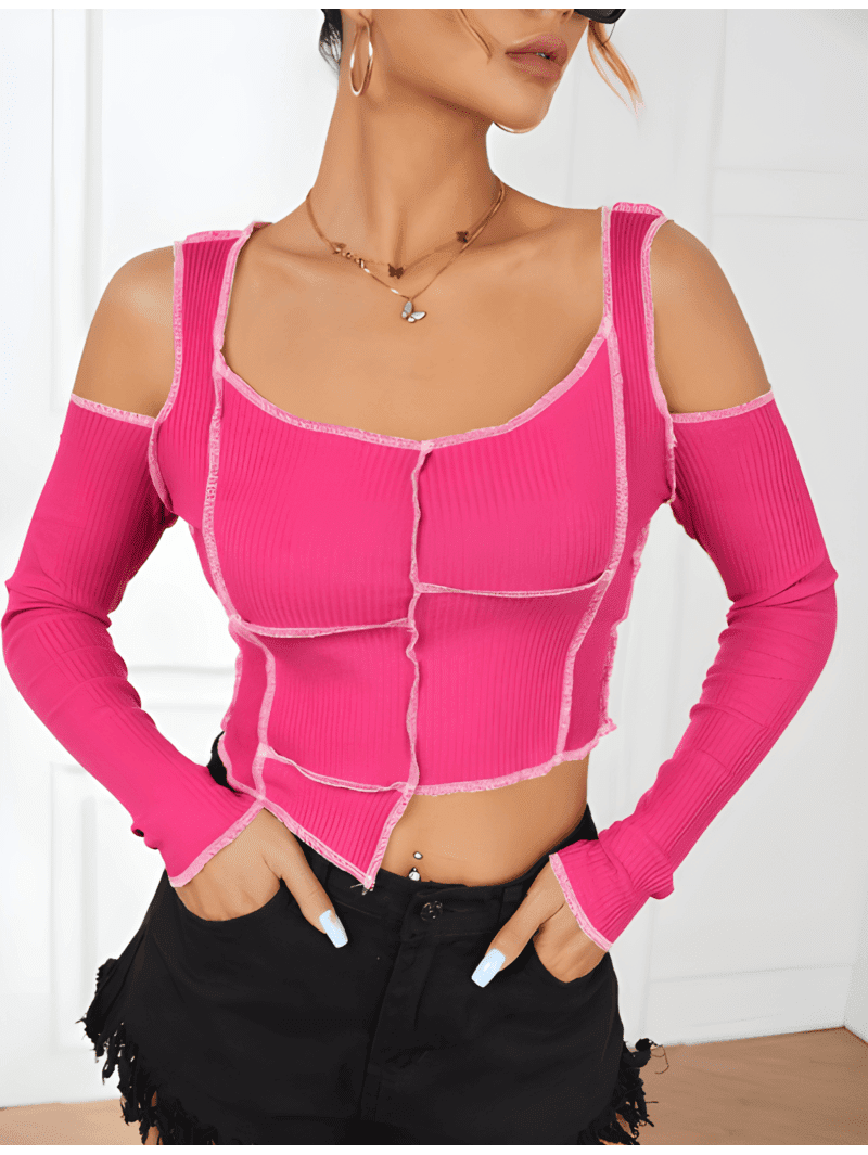 Cold Shoulder Asymmetrical Crop Top (3) Cold Shoulder Asymmetrical Crop Top-PINK