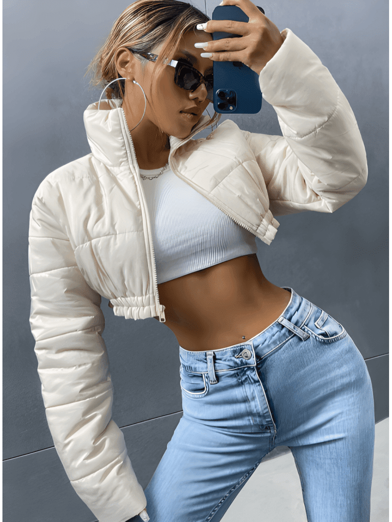Drop Shoulder Zip-Up Cropped Puffer Coat (4) white jkt--Drop Shoulder Zip-Up Cropped Puffer Coat