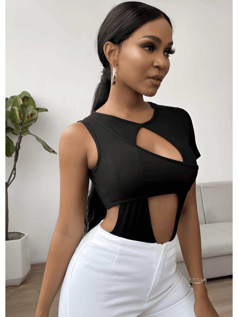 cut-out front rib Knit tee (1) block color -cut out top