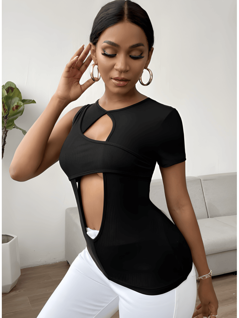 cut-out front rib Knit tee (3) block color -cut out top