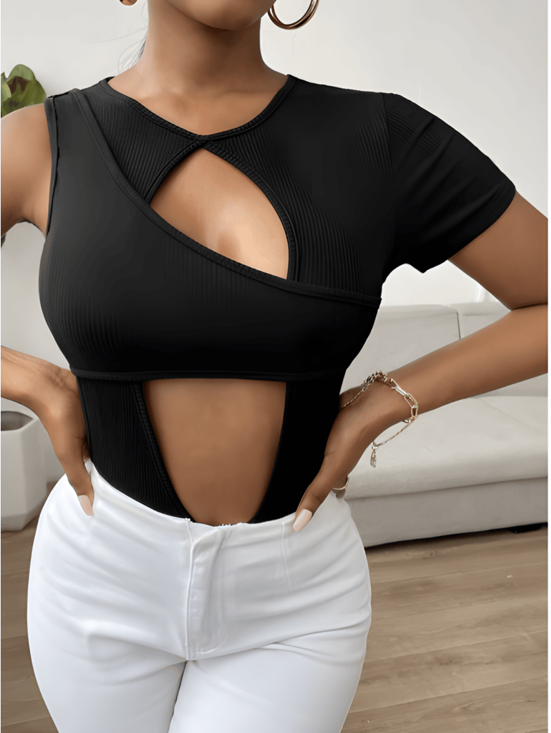 cut-out front rib Knit tee block color -cut out top