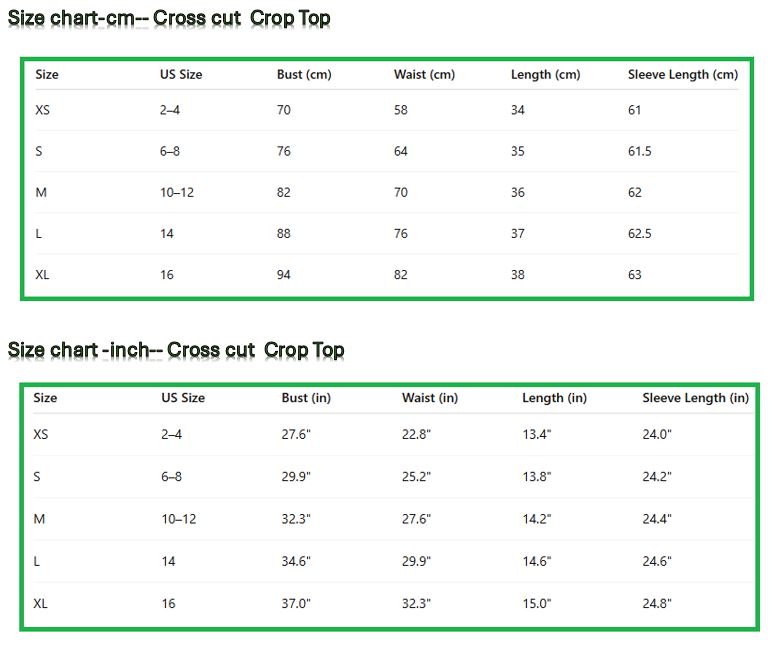 size chart Cross cut Crop Top