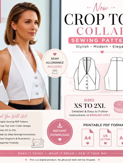 Women's collar block crop top sewing pattern PDF featuring a sleeveless collared top with front buttons, available in sizes XS to 2XL.