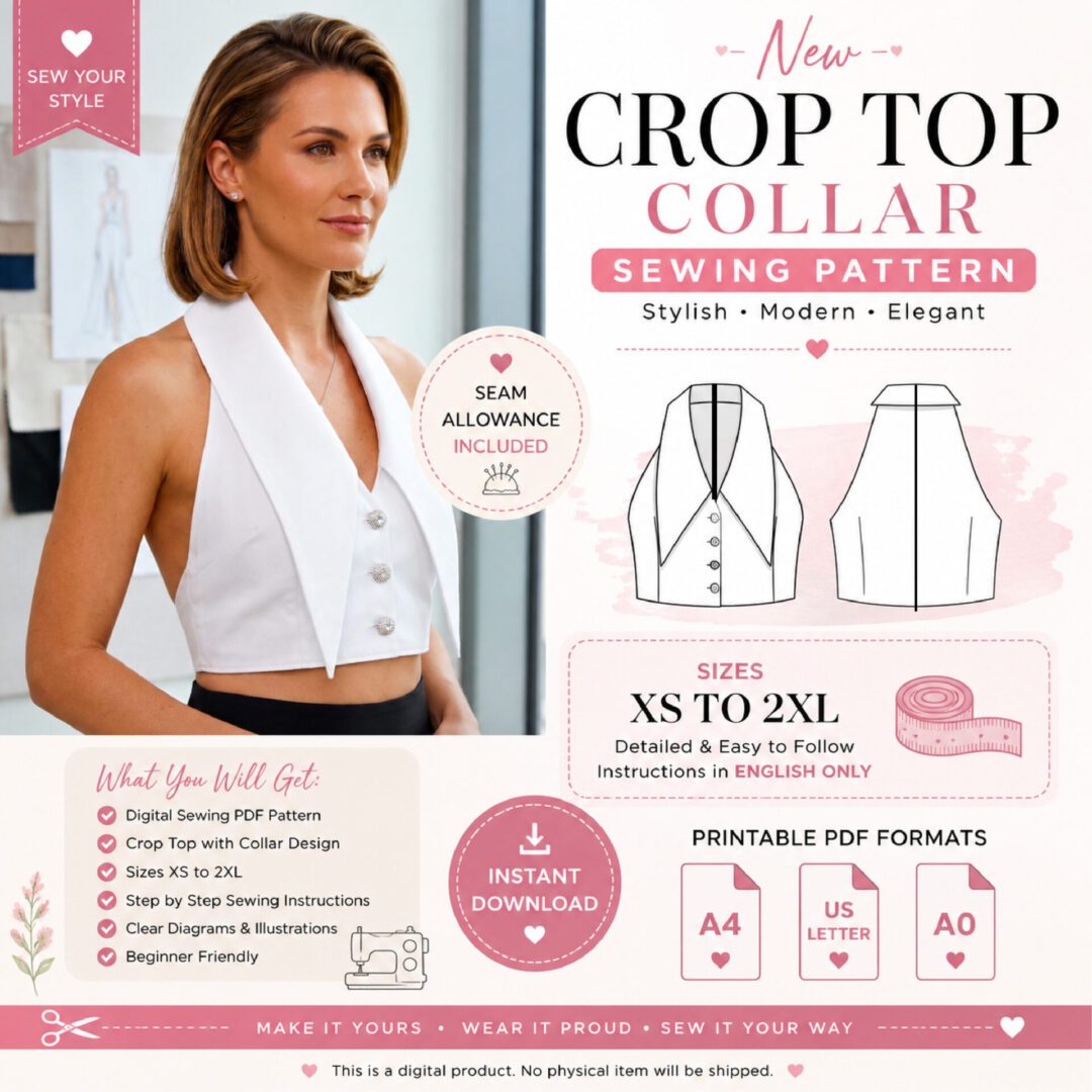 Women's collar block crop top sewing pattern PDF featuring a sleeveless collared top with front buttons, available in sizes XS to 2XL. Women's collar block crop top sewing pattern PDF featuring a sleeveless collared top with front buttons, available in sizes XS to 2XL.